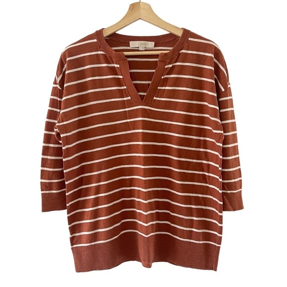 Ann Taylor‎ Loft Womans S Brown Stripe V-Neck  Knit Top 3/4 Sleeve - Picture 1 of 7